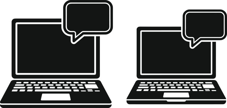 Laptop communication icon set, online chat illustration, digital messaging vector, remote work technology design, black white computer speech bubble graphics