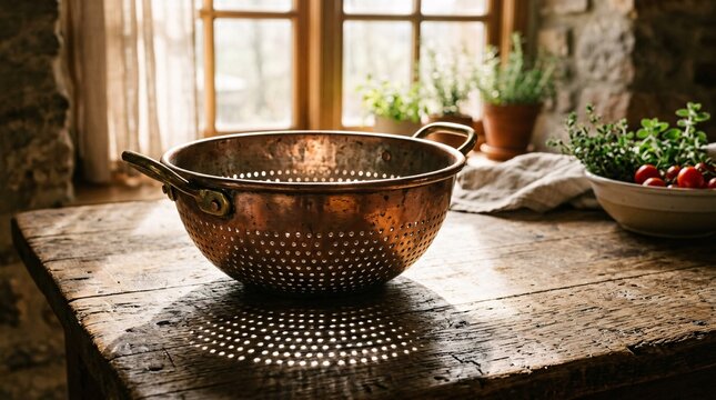 Vintage copper colander rests perfectly on a rustic farmhouse table bathed in soft morning sunlight casting intricate dotted shadows.
