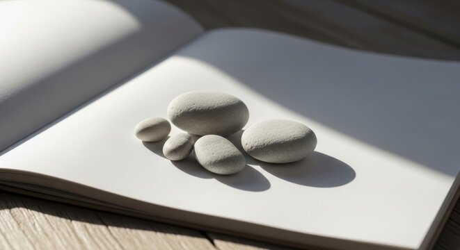 Smooth white pebbles arranged on a blank sketchbook page with soft shadows