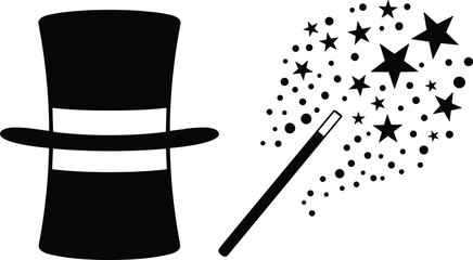 Magic icons, magician hat, magic wand, sparkling stars, illusion symbol, fantasy design, performance art, wonder effect, mystical vector, enchantment © Sabbir's World