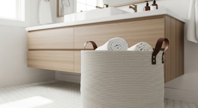 Woven Linen Laundry Hamper with Leather Handles Holding Rolled Towels in a Modern Bathroom Setting