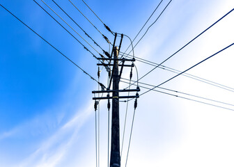 Fototapeta premium A wooden utility pole stands against a bright blue sky with multiple black power lines stretching outward in different directions creating a geometric pattern with strong contrast