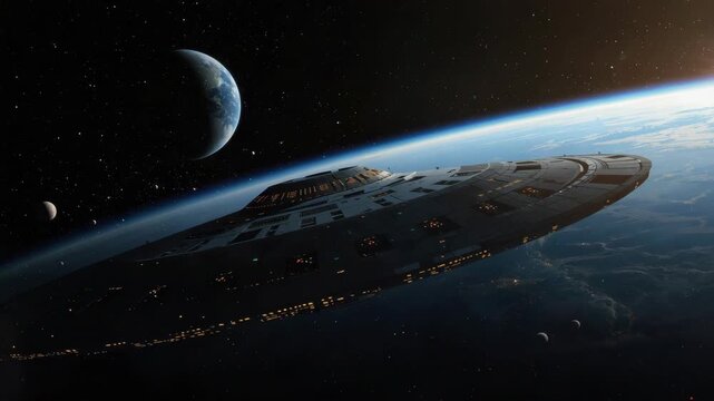 Futuristic spaceship orbit planet dawn over galaxy space with distant moons and serene orbiting