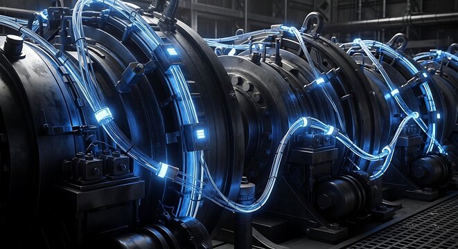 Advanced industrial machinery with glowing blue conduits in a high-tech facility