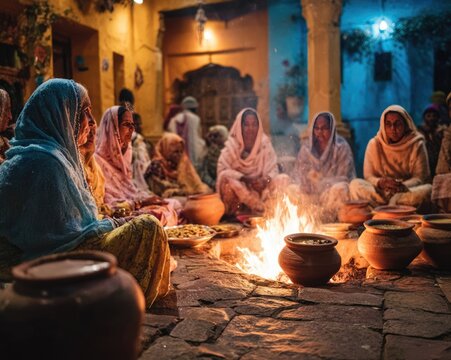 Vaisakhi evening at a Punjabi haveli courtyard women in phulkari dupattas singing folk songs around a bonfire, clay pots of lassi and mithai on stone steps, 