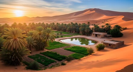 Fototapeta premium Oasis in the Sahara Desert at Sunset with Palm Trees and Buildings.