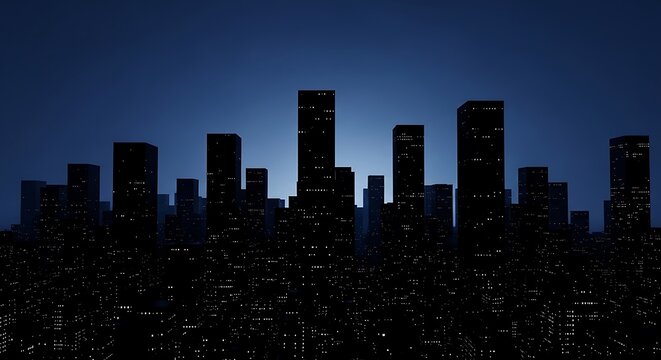 Nighttime city skyline with illuminated high-rise buildings against a dark blue sky