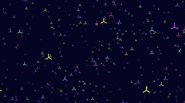 Colorful molecular structure symbols drift across a deep navy background, creating a modern scientific and technology themed abstract pattern for research, biotech, and education
