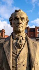 Fototapeta premium A bronze statue of a man in a suit against a blue sky