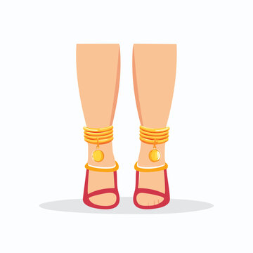 Illustration of female legs adorned with golden anklets and red sandals on a clean white background.
