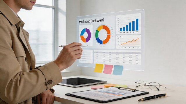 Businessman interacting with holographic marketing dashboard displaying charts graphs and data analytics for future technology