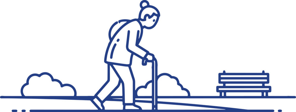 Elderly person walks with cane through park near bench and trees, symbolizing aging and outdoor recreation.