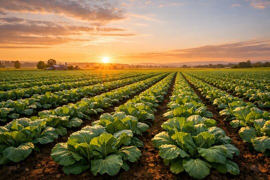 Large agricultural field with rows of green cabbage plants under a golden sunset sky. Perfect for farming blogs nature photography websites social media posts and printed materials.