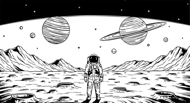 Vector illustration featuring an astronaut standing on a cratered alien planet contemplating cosmic exploration.