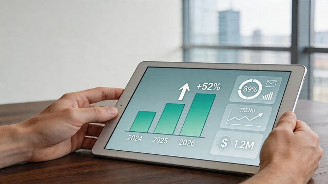 Business man holding tablet showing financial growth charts with increasing bar graph positive trend arrow up fifty two percent profit margin analytics dashboard display on screen