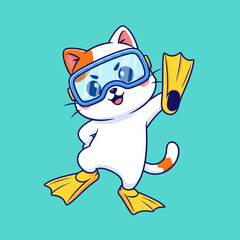 Cute Cartoon Cat Wearing Snorkel Mask and Flippers Ready for Summer Vacation. © Arviz