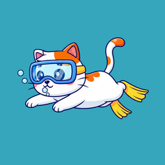 Cute Cartoon Cat Wearing Goggles Swimming Underwater. © Arviz