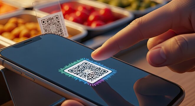 Person scanning QR code on smartphone at food counter for contactless payment or ordering