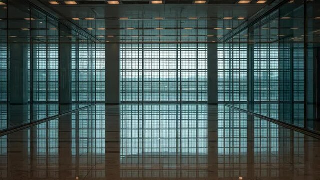 Modern glass atrium with grid windows reflecting on polished marble floor conveying calm symmetry