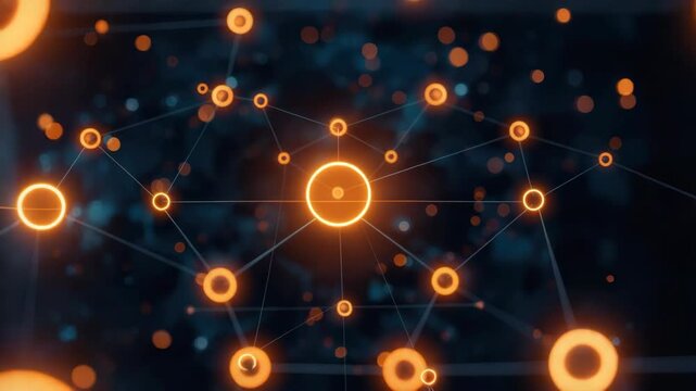 Glowing orange network node connection lines across dark futuristic blue space with dynamic depth