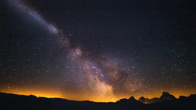 Milky Way galaxy arching over silhouetted mountain ridge night with starry sky, glowing core