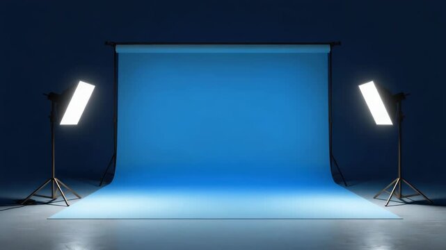 Blue seamless backdrop photography studio illuminated by softbox lights creating moody dramatic set