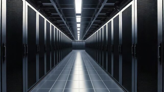 High tech data center corridor with server rack aisle and reflective floor perspective creating