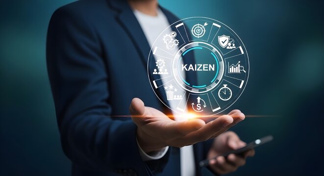 Kaizen Continuous Improvement Concept, Business Process Optimization, Workflow Efficiency, Lean Management Strategy, Corporate Development, Teamwork Collaboration, Innovation Strategy