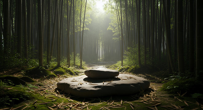 Zen meditation stone in bamboo forest sunlight 