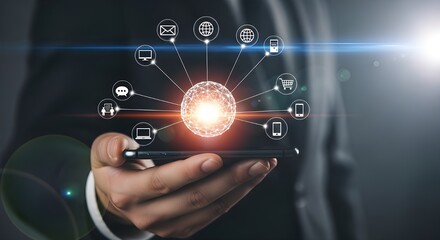 Fototapeta premium Global Network Connection, Digital Communication Hub, Technology Integration, Business Connectivity, Data Flow, Internet of Things, Modern Innovation
