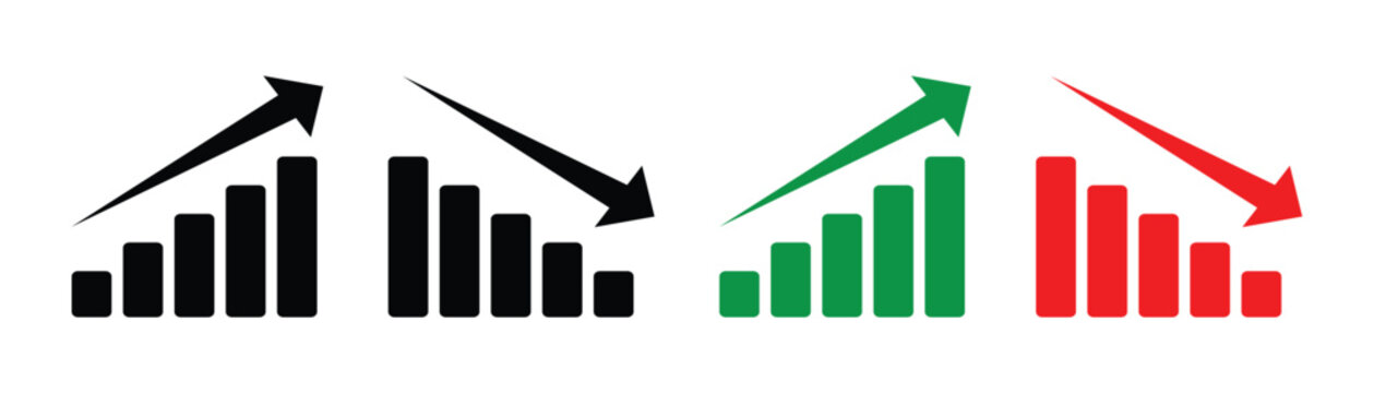 Stock increase and decrease icon set. Business growth and fall graph symbols. Stock increase and decrease  icon set isolated on transparent background. Stock increase and decrease vector illustration.
