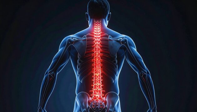 A muscular male figure with illuminated spine