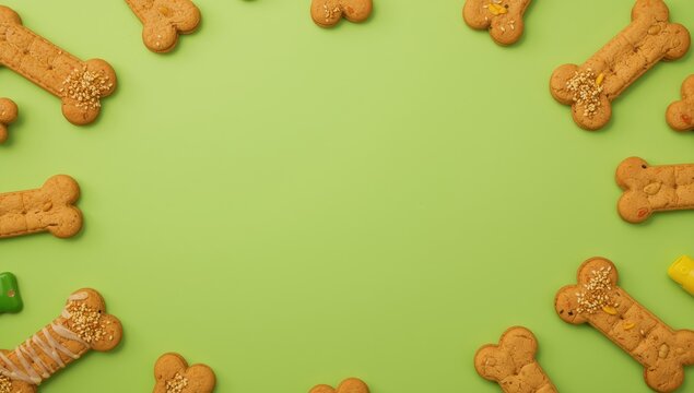 Dog treats in bone shape on green surface, overhead view. Text space available