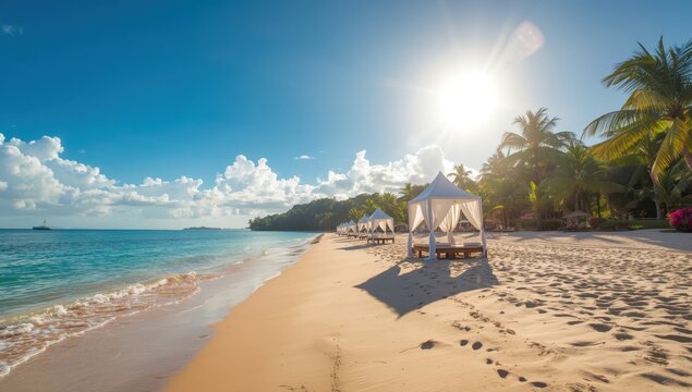 Elegant beach pavilions. Opulent tents at a resort. Coastal getaway idea