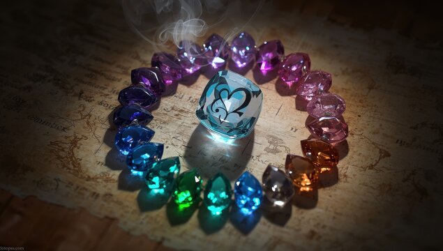 Enchanting circle of gemstones featuring Algiz symbols
