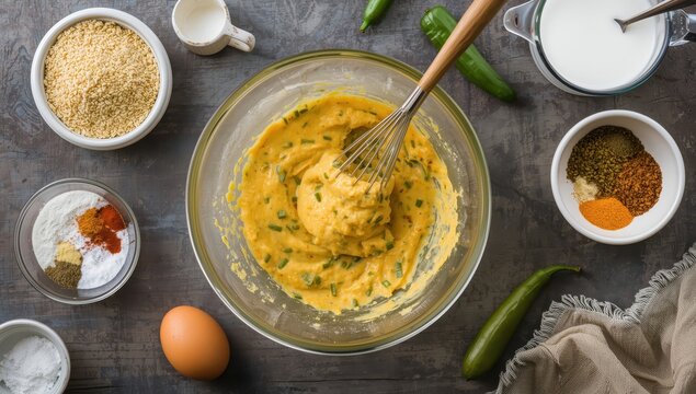 Gradually combine ingredients in a glass bowl for spicy jalapeno cornbread muffins