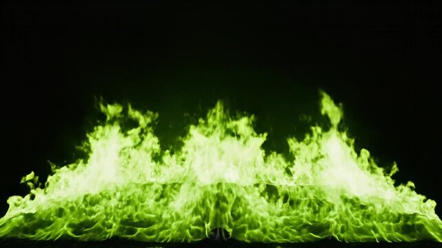 Dynamic burst of ethereal green flames igniting on a dark background, perfect for advertising, news, or b roll footage.