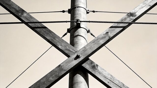 Wooden power line crossarm and cables