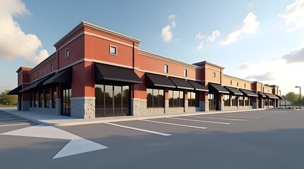 Fototapeta premium Modern Commercial Retail Storefront Building Exterior With Empty Parking Lot And Clean Urban Business Architecture Design