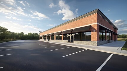 Naklejka premium Modern Commercial Retail Storefront Building Exterior With Empty Parking Lot And Clean Urban Business Architecture Design