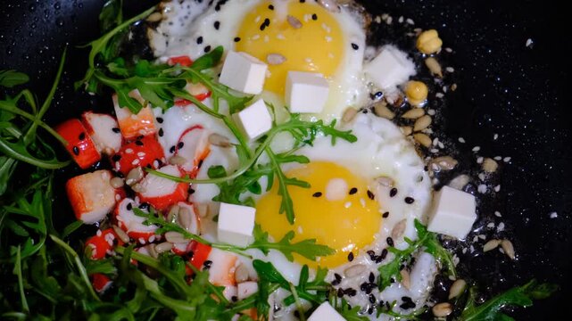 Healthy breakfast with eggs, feta cheese, arugula and pieces of crab sticks . Soft-fried egg, wraps with chia seeds, skillet pot, cast iron pan. Healthy eating. Continental breakfast. Prepaing food