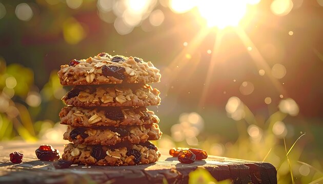 A stack of homemade granola bars on a wooden surface outdoors