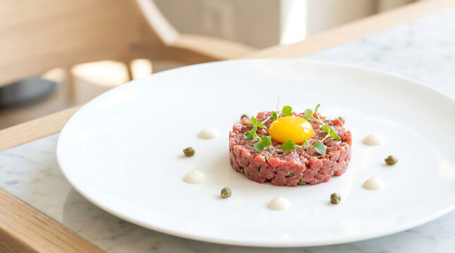 Elegantly plated steak tartare featuring raw minced beef, a bright egg yolk, green herbs, and capers on a pristine white dish.