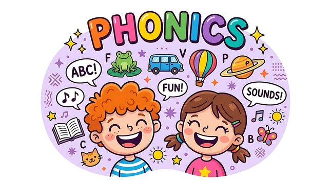 Children learning phonics with colorful alphabet and sound illustrations in cheerful classroom setting
