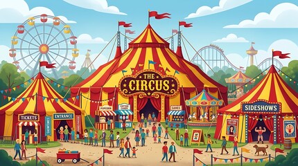 Fototapeta premium colorful circus festival with tents, rides, and crowd illustration