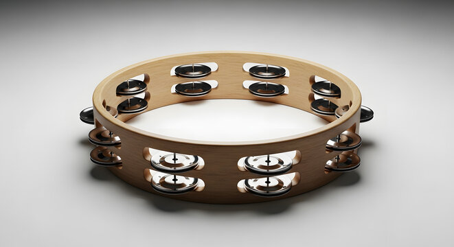 Wooden tambourine with metal jingles percussion instrument for music and rhythm isolated on wh