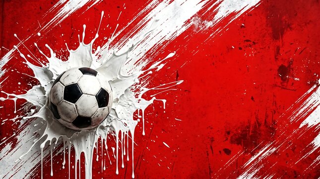 Soccer ball exploding through red background with white paint splatter