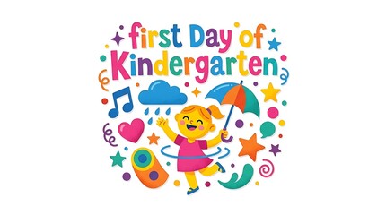 Fototapeta premium joyful first day of kindergarten celebration with happy girl holding umbrella and school supplies illustration