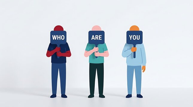 three anonymous figures holding who are you signs flat design illustration