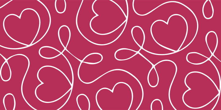 Seamless pattern with continuous line art hearts on a vibrant pink background.